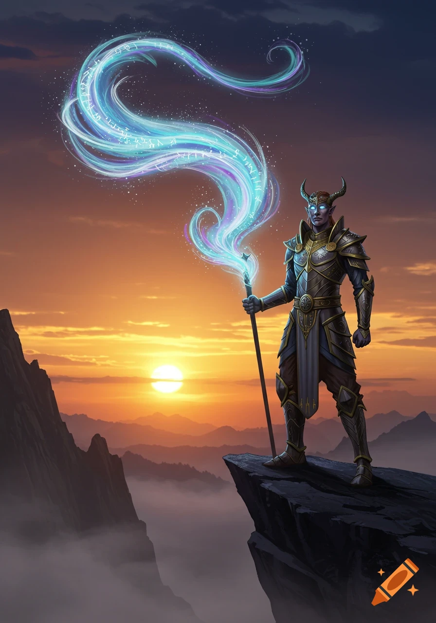 A horned fantasy warrior-mage in ornate armor stands on a cliff, holding a glowing magical staff with swirling runes, at sunset over misty mountains.