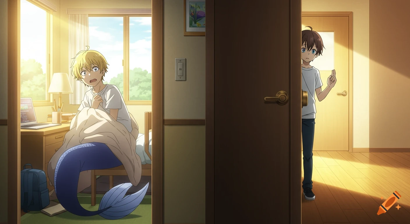Alarmed blond merman with a blue tail hides under a blanket in his sunny room as his sibling peeks through the doorway, anime style.