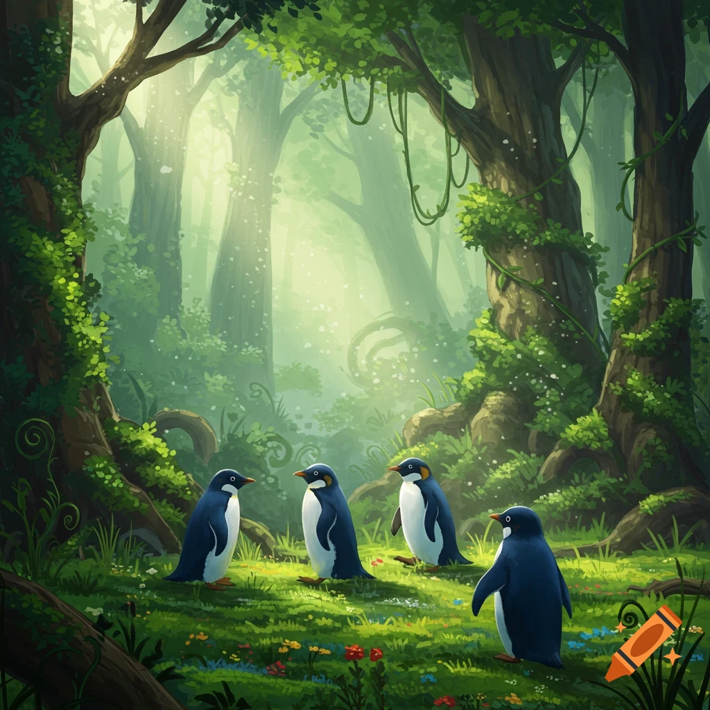 Four penguins stand on a green, sunlit forest floor surrounded by tall trees and wildflowers, digital painting.