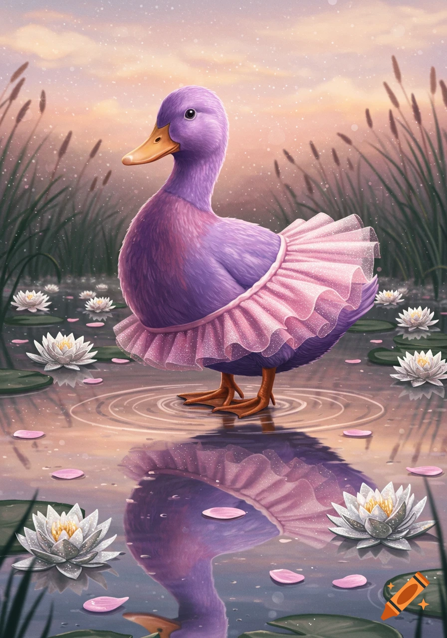 A purple duck wearing a pink tutu stands in a pond filled with water lilies, its reflection shimmering below.