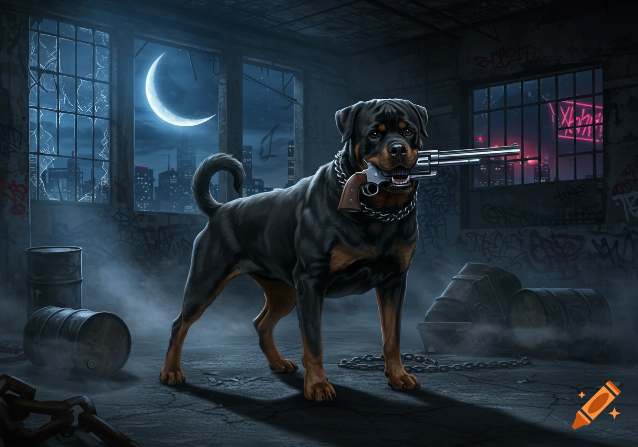 A stylized Rottweiler dog with a chain collar stands in a derelict building, holding a revolver in its mouth, with a moonlit city skyline outside.