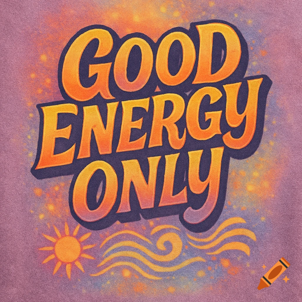 A vibrant, textured design with "GOOD ENERGY ONLY" in orange and yellow gradient letters, outlined in dark purple, against a purple and orange speckled background with a sun and waves below.