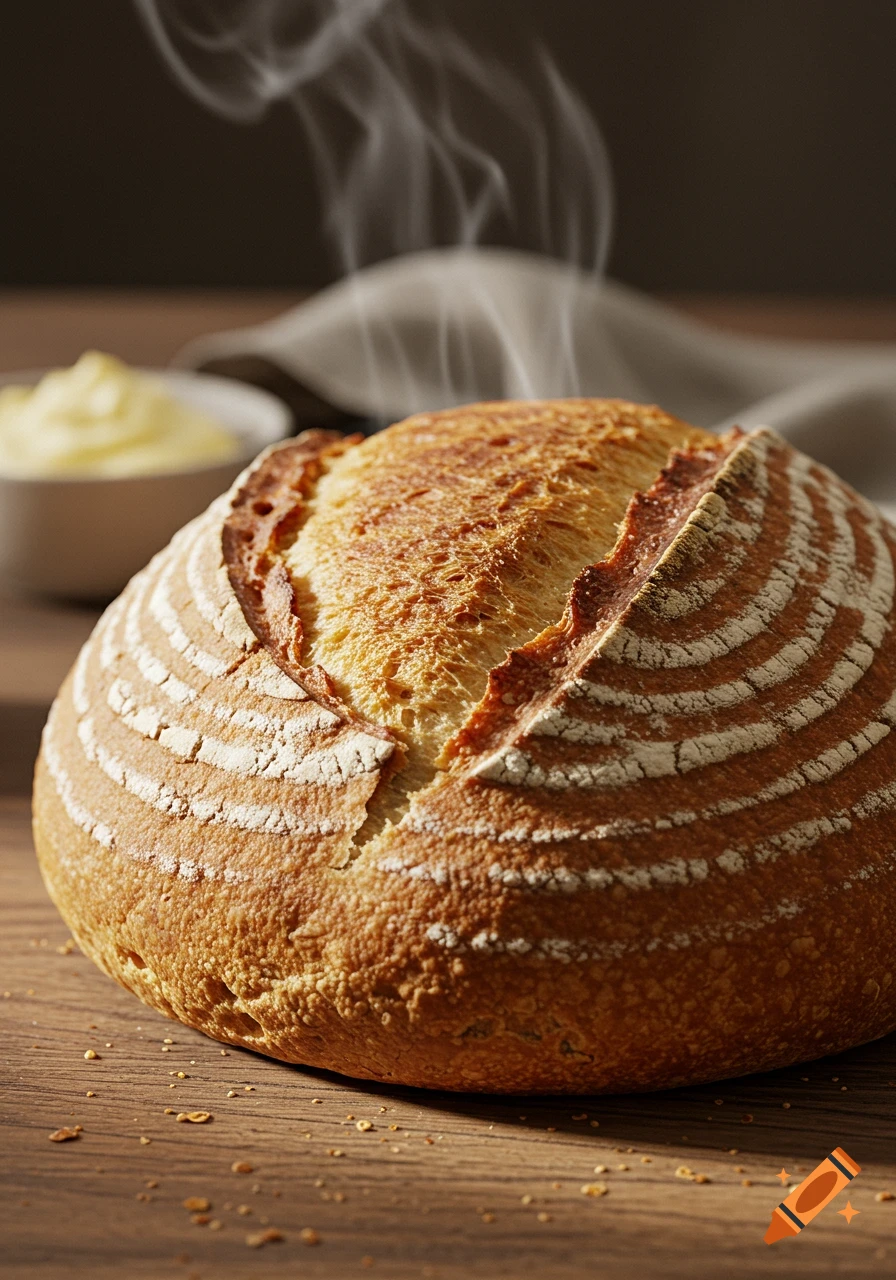 Steaming round loaf of artisan bread with a patterned crust, on a wooden table with crumbs, butter in background, photorealistic.