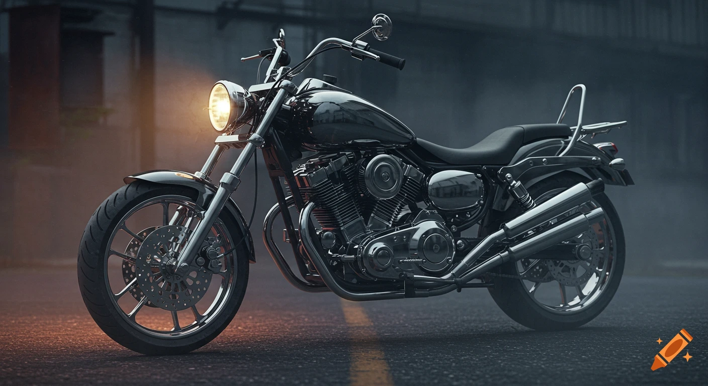 A dark, glossy motorcycle with its headlight on, parked on an industrial, foggy road at dusk, in a photorealistic style.