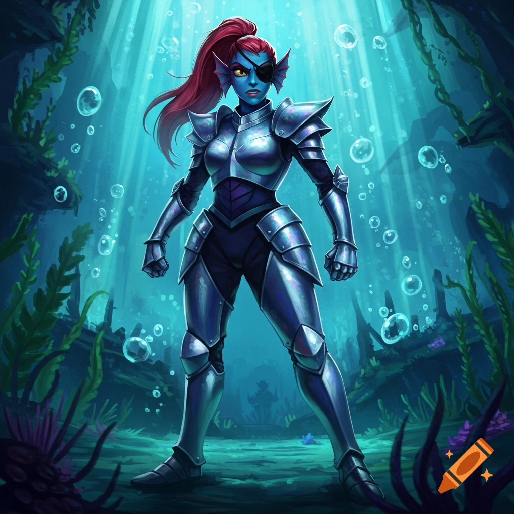 A blue-skinned, red-haired, one-eyed warrior woman in silver armor stands defiantly in a vibrant underwater scene.