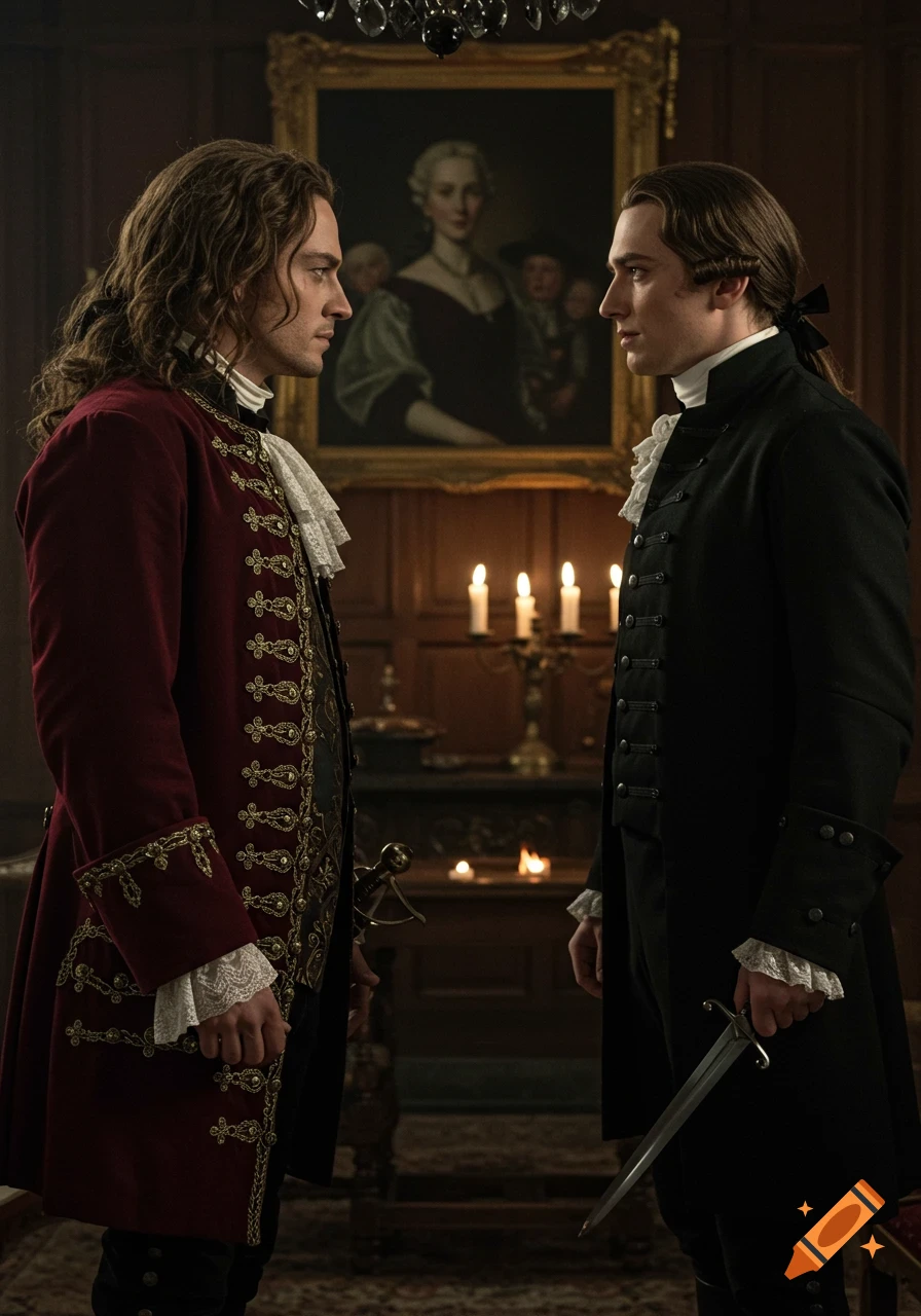 Two men in 18th-century attire stand opposite each other in a dimly lit, richly decorated room, one holding a dagger. Photorealistic style.