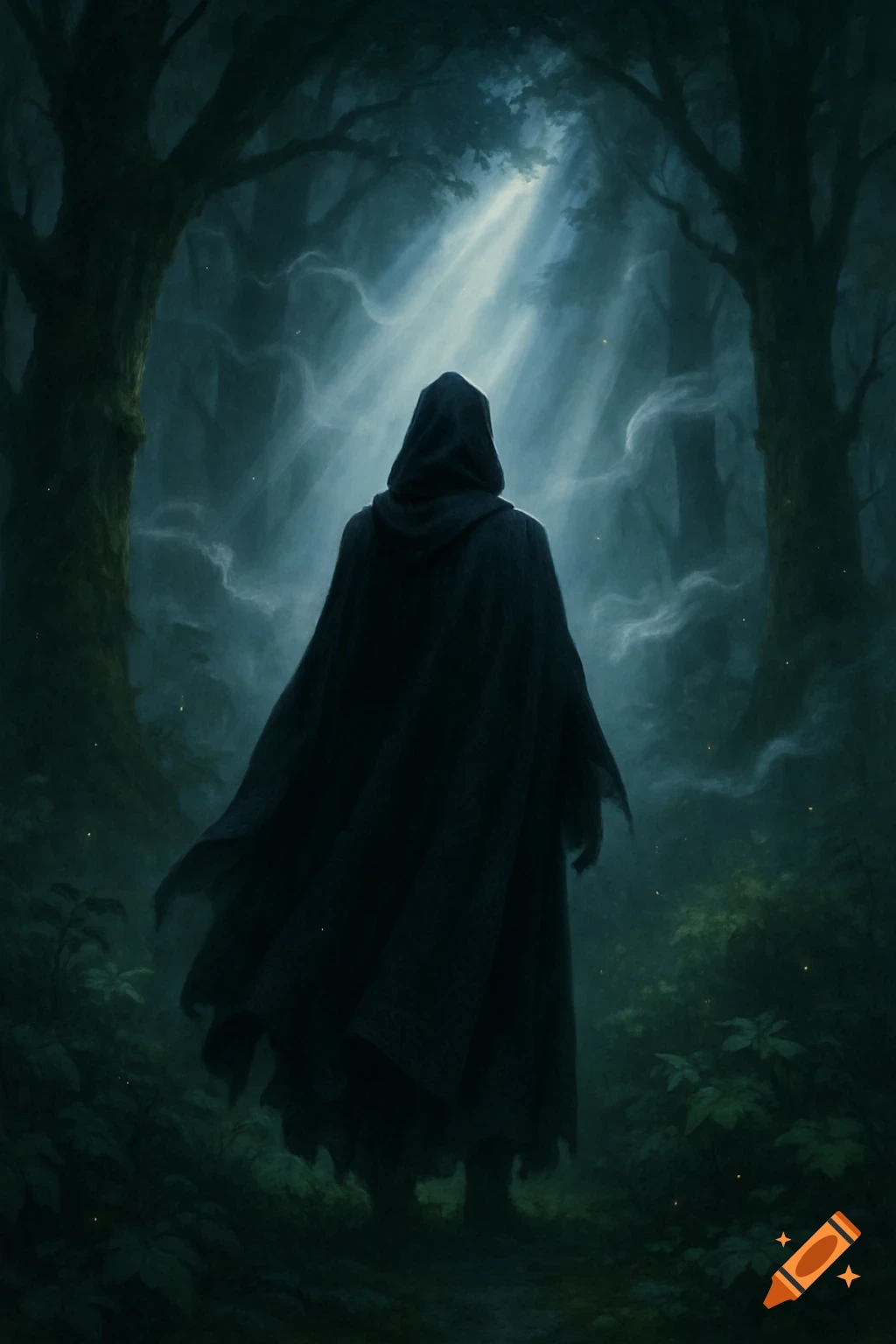 A cloaked, hooded figure stands in a dark, misty forest with rays of light breaking through the trees, digital fantasy art.