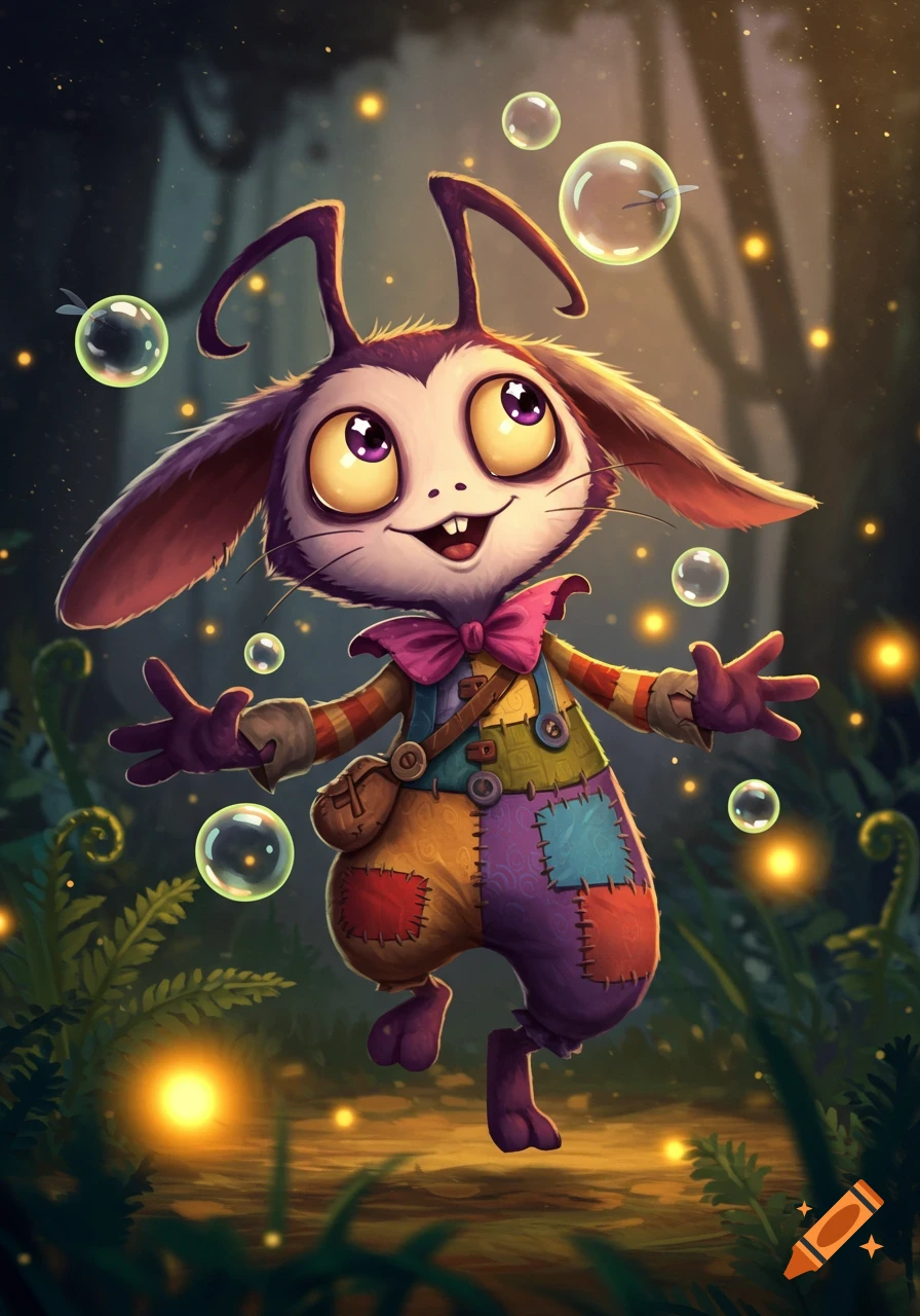 A cute, big-eyed, bunny-like fantasy creature wearing a colorful patchwork outfit and a bow tie, standing in a magical forest with glowing fireflies and bubbles.