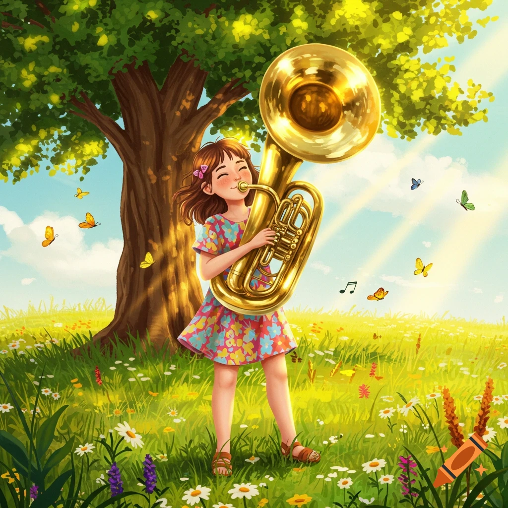 A cheerful illustrated girl plays a golden tuba in a sunny, flower-filled meadow with butterflies under a large tree.