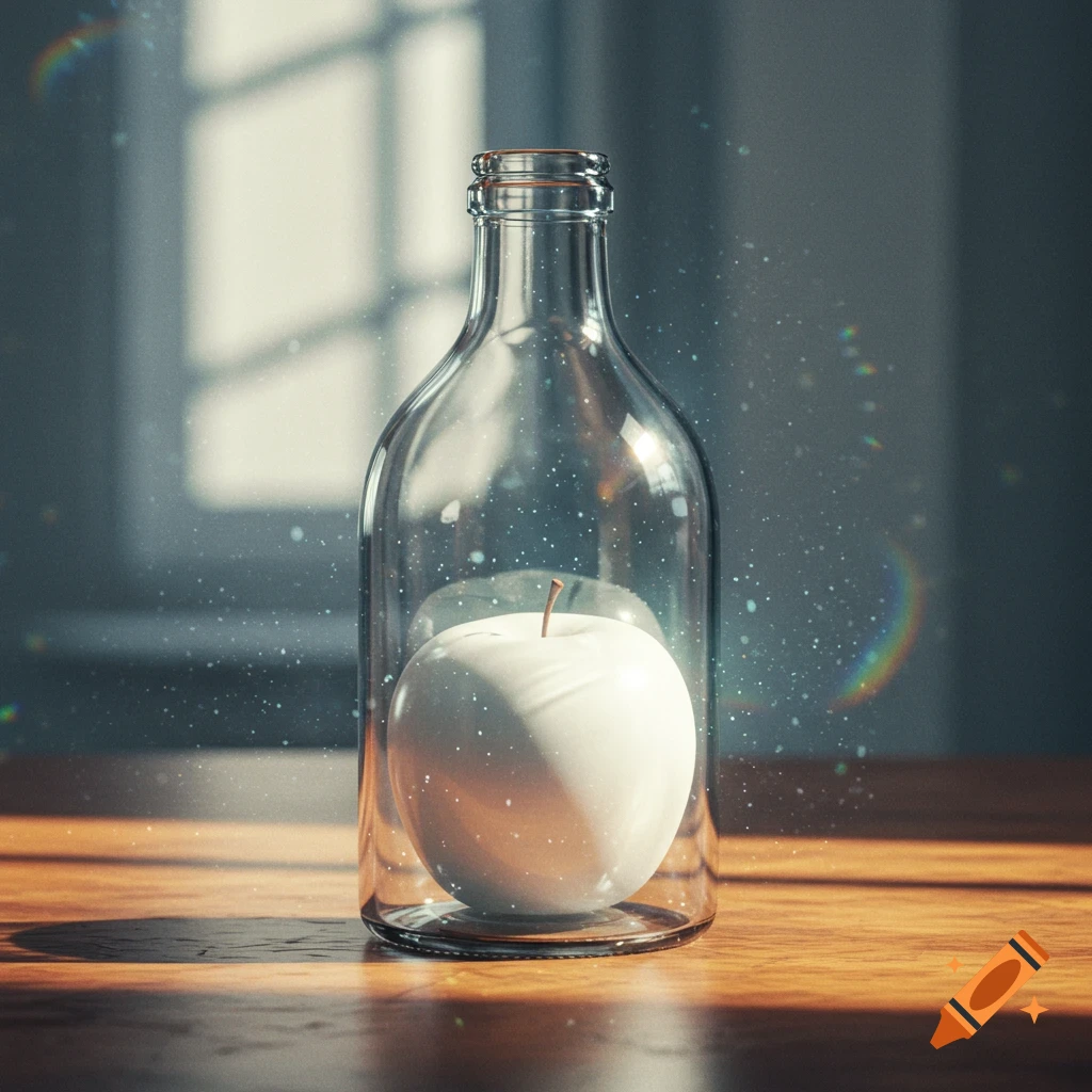 A photorealistic white apple inside a clear glass bottle, bathed in soft light with sparkling dust and lens flares.