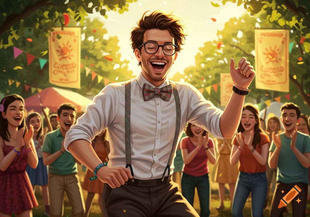 A joyful man in glasses, a white shirt, bow tie, and suspenders dances happily at an outdoor festival with a clapping crowd.