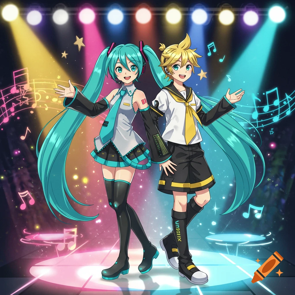 Two anime characters, Miku and Len, pose on a stage with colorful spotlights and musical notes in an anime style.