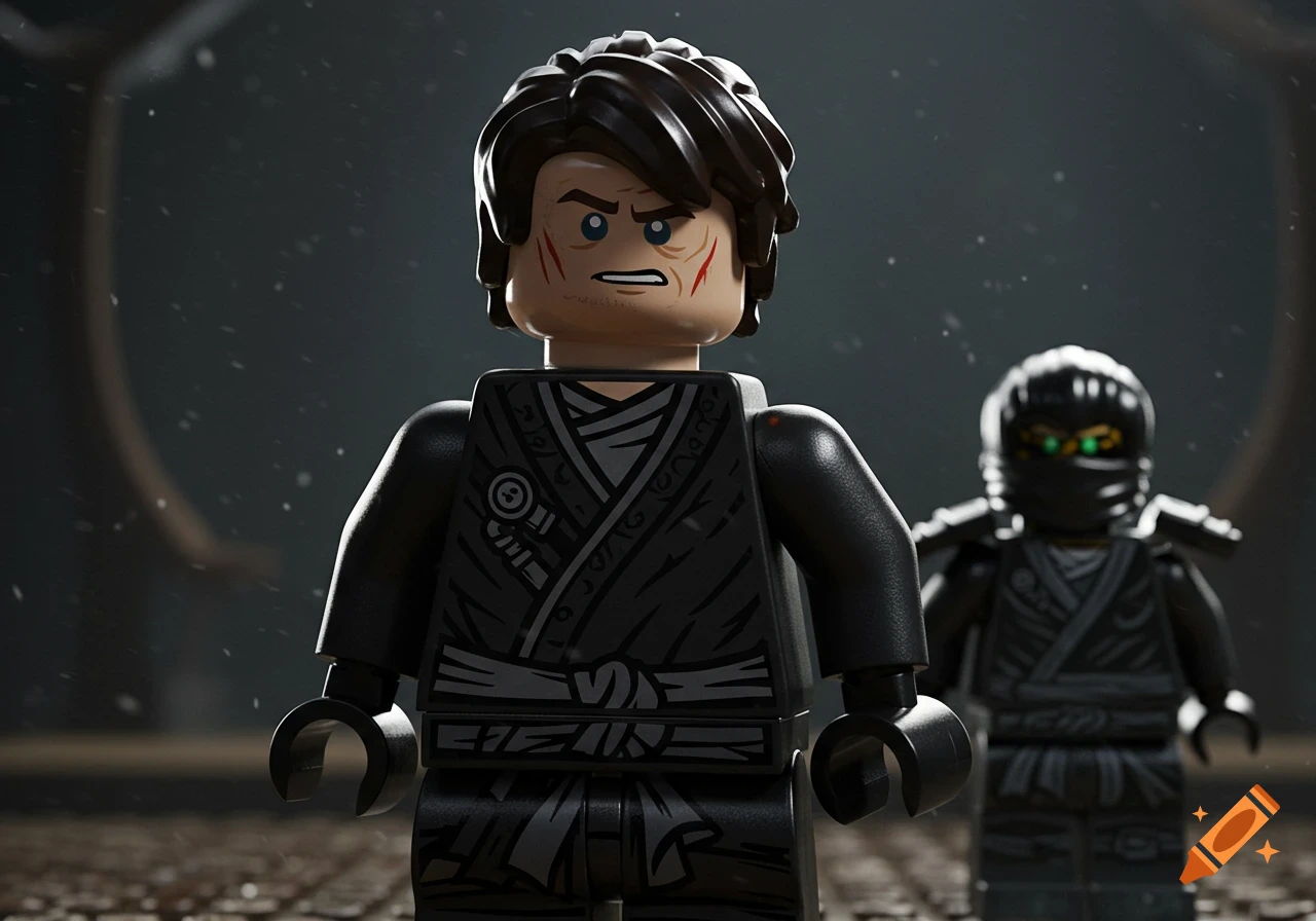 A detailed 3D render of a LEGO Ninjago character in a black gi with facial scars, another masked ninja behind.