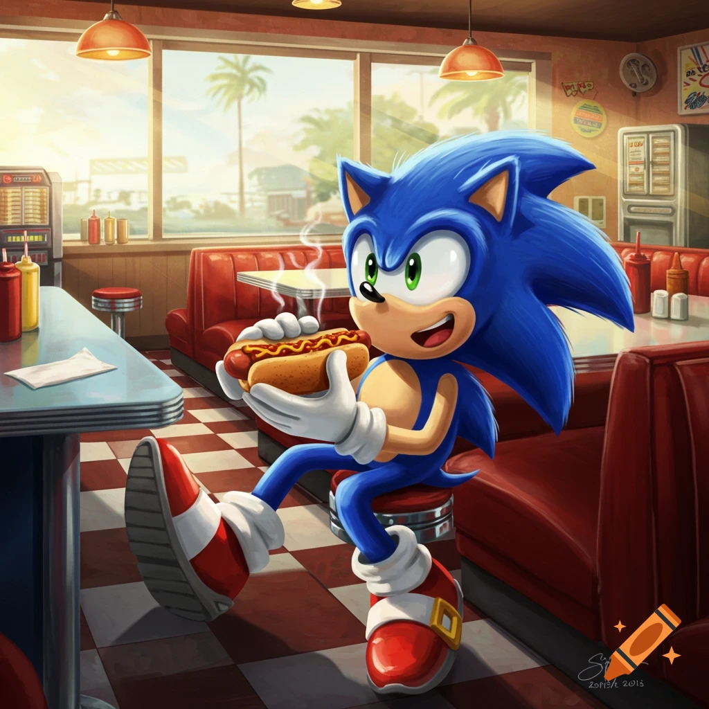 Sonic the Hedgehog sits in a retro diner booth, happily holding a steaming hot dog with mustard, ketchup, and chili. The diner has red booths, checkerboard floors, and a window view of palm trees.