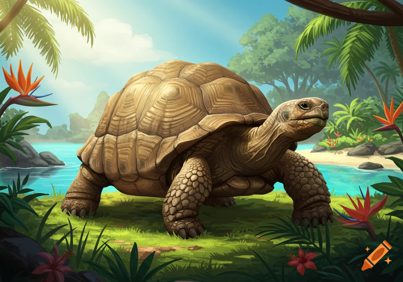 An illustrative depiction of a giant tortoise in a vibrant tropical jungle with palm trees and colorful flowers.