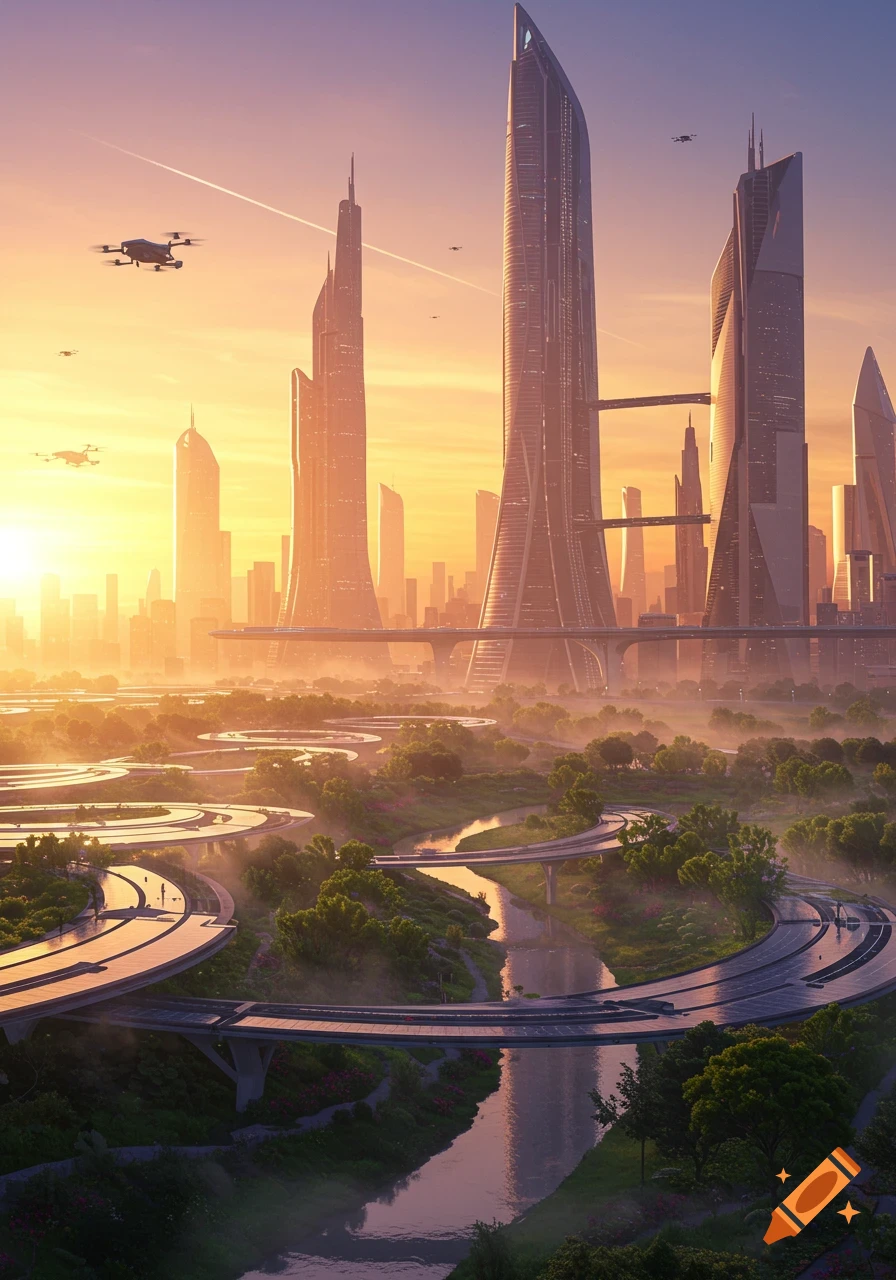 A futuristic cityscape at sunrise with sleek skyscrapers, elevated roads, green parks, a river, and flying drones.