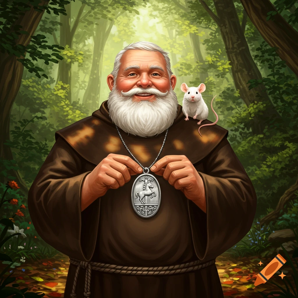 A smiling old man with a white beard in a brown robe holds a horse pendant, with a white mouse on his shoulder, in a lush forest. Illustration.