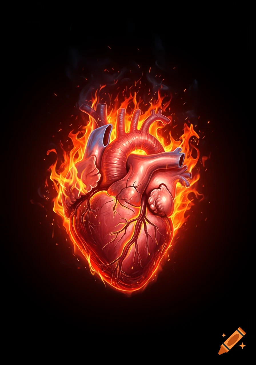 A realistic human heart engulfed in bright orange and red flames, set against a dark black background.