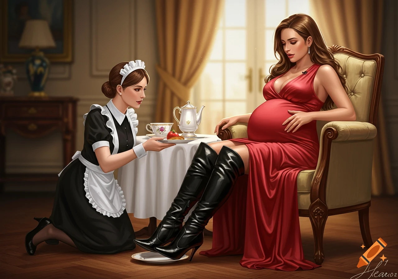 A pregnant woman in a red dress and black boots sits in a chair as a maid kneels before her, holding a tea tray.