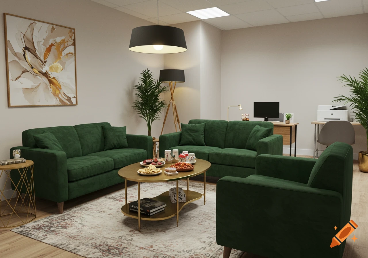 A consultation room with two green sofas, a green armchair, a golden coffee table with snacks, a large black pendant lamp, and a desk with a computer and printer in the corner.