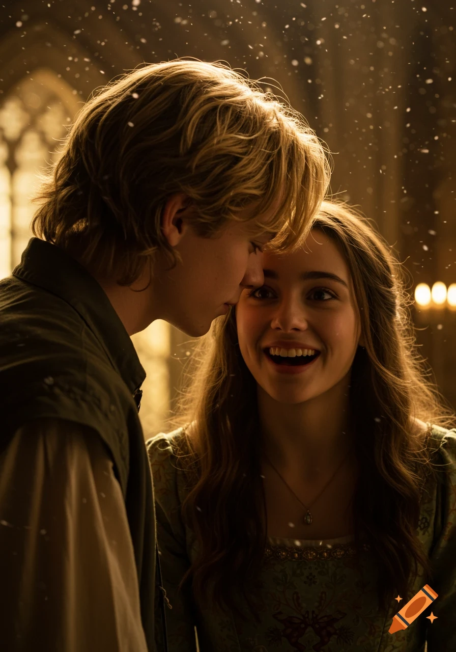 A blond prince leans toward a wide-eyed, smiling brunette princess in a warm, cinematic fantasy scene with falling light.
