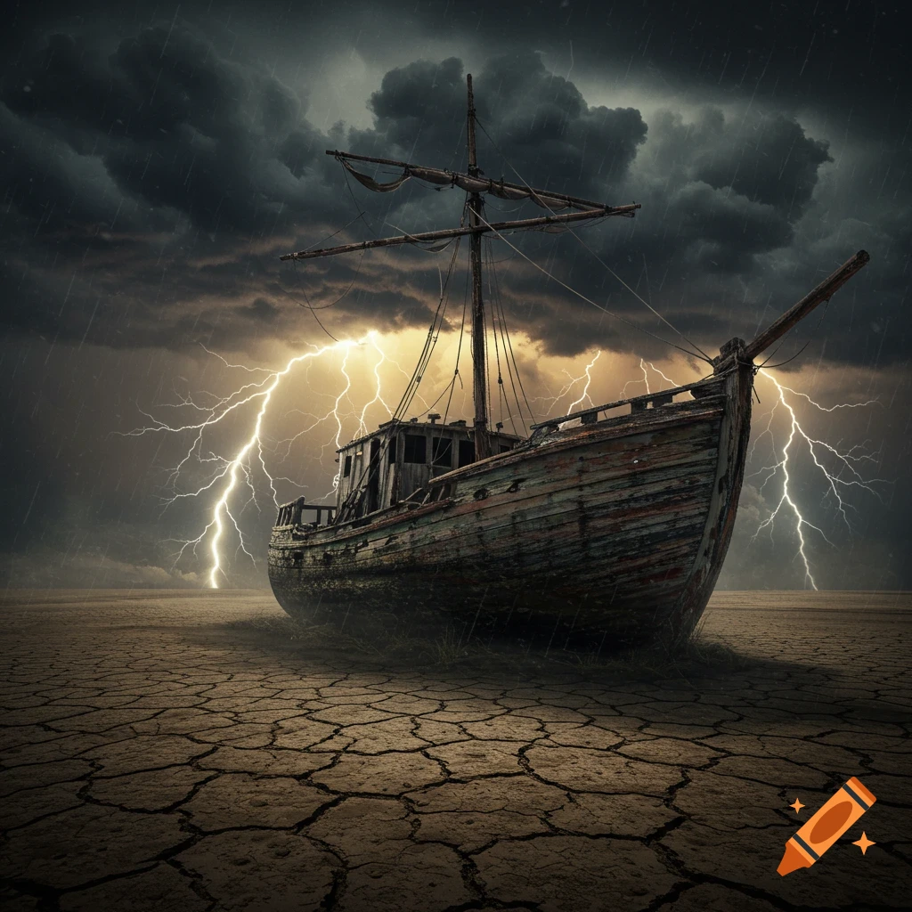 A dramatic photorealistic image of a weathered, old wooden boat stranded on cracked, dry earth under a dark, stormy sky with bright lightning strikes.