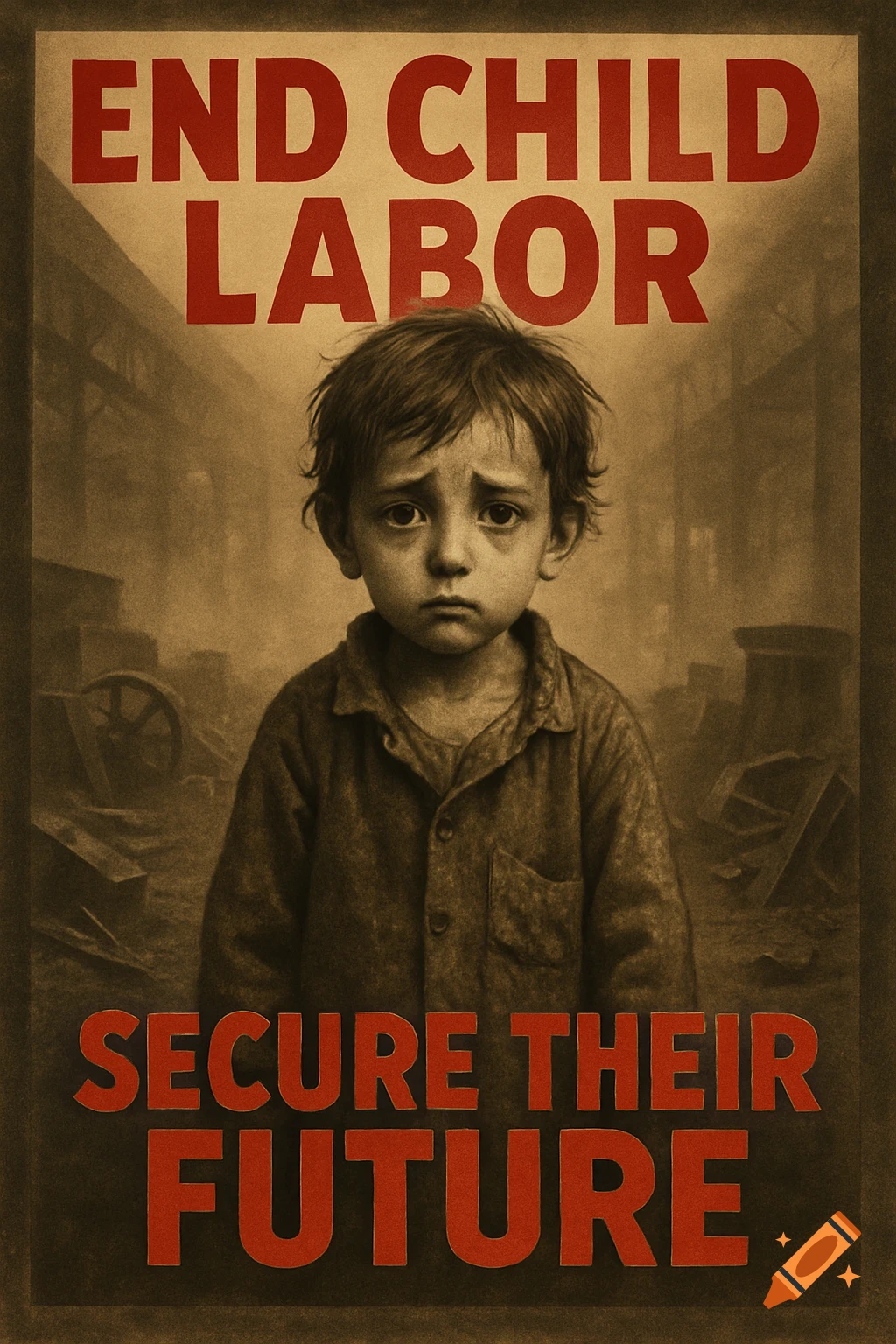 A vintage sepia-toned poster featuring a sad child in an industrial setting, with text 'END CHILD LABOR' and 'SECURE THEIR FUTURE'.