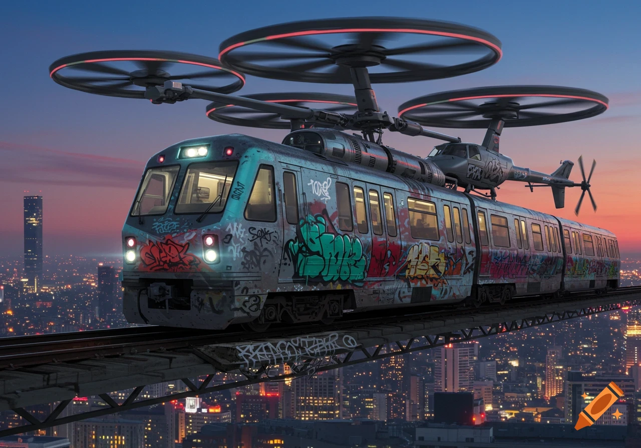 A graffiti-covered train with large helicopter rotors and an additional helicopter on its roof travels on elevated tracks over a city at dusk.