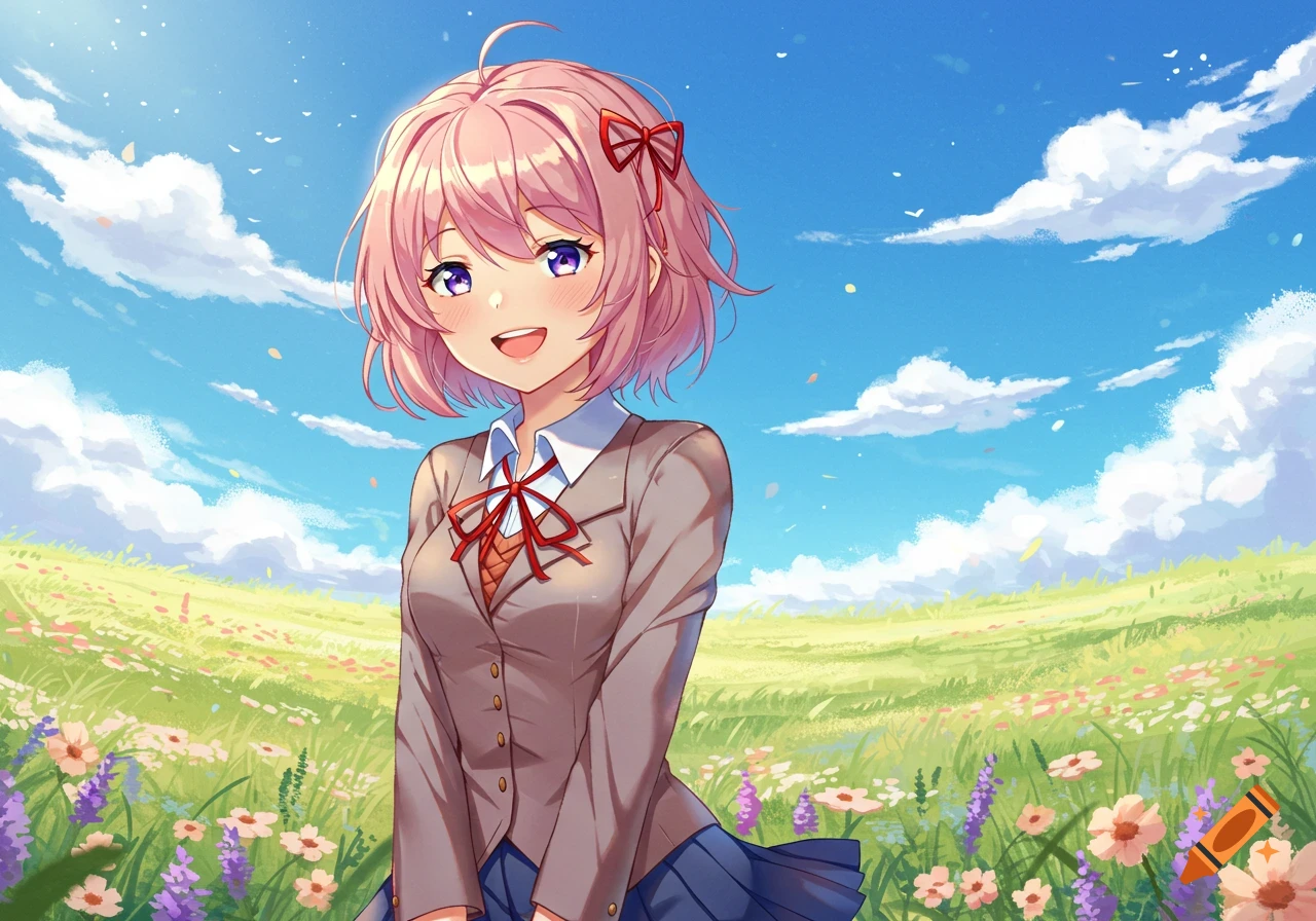 An anime girl with pink hair and a school uniform smiles in a vibrant green field with colorful flowers under a sunny blue sky.