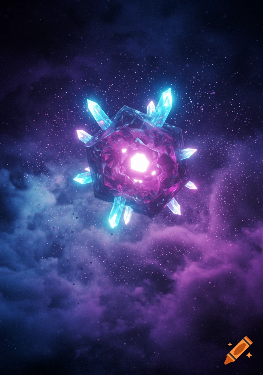 A glowing, multifaceted crystal object with blue spikes floats in a cosmic expanse of purple and blue nebulae with scattered stars.
