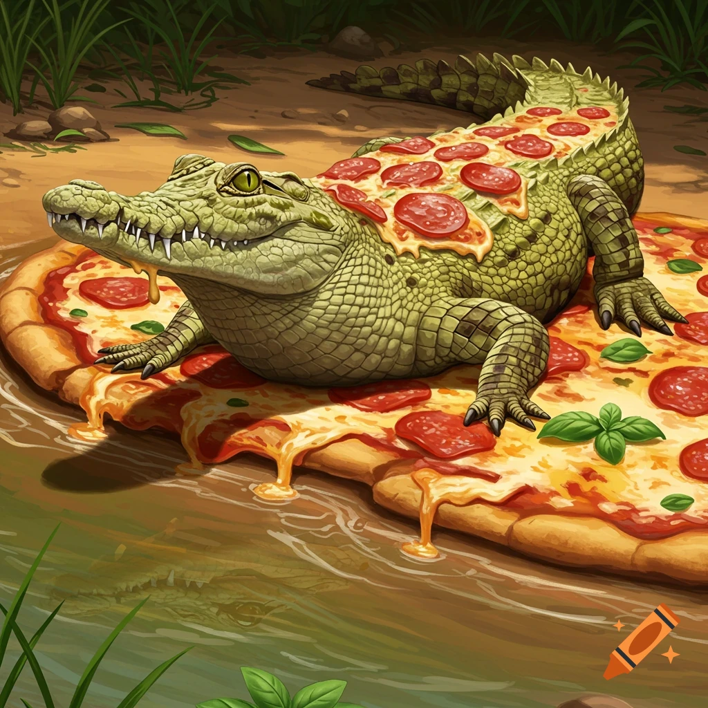 An illustration of a green crocodile with pepperoni and melted cheese on its back, resting on a pizza in a swamp.