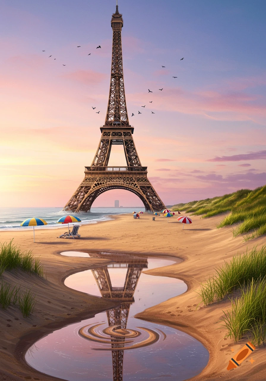 The Eiffel Tower stands on a sandy beach with colorful umbrellas and grass, reflected in puddles under a sunset sky.