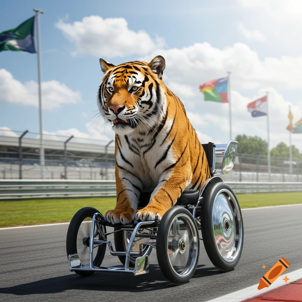 A photorealistic tiger sits in a racing wheelchair on a Formula 1 track, with flags in the background.