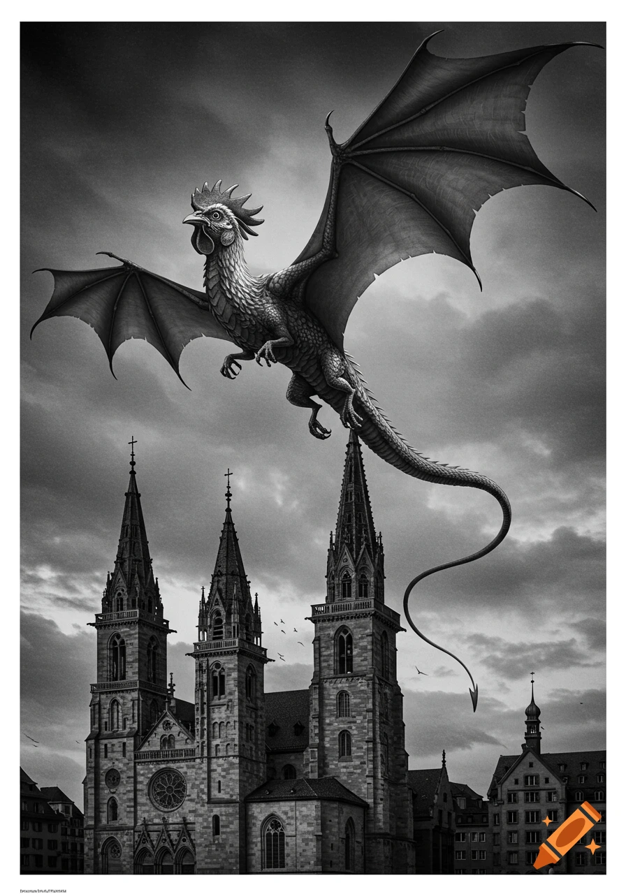 A monochromatic image of a large dragon with a rooster's head and a snake's tail flying above a grand Gothic cathedral with multiple spires.
