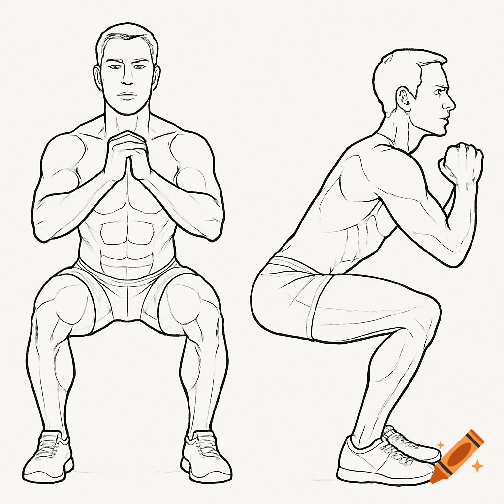 Line art illustration of a man performing a squat, shown in front and side views, in an instructional style.
