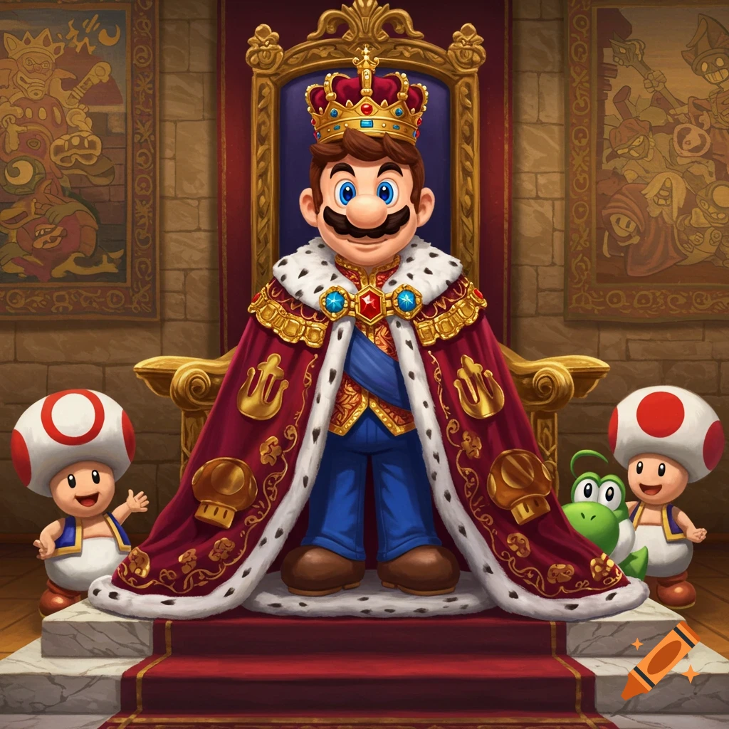 Mario as a king sits on a golden throne, wearing a crown and a lavish red robe, flanked by two Toads and a Yoshi in a detailed illustration.