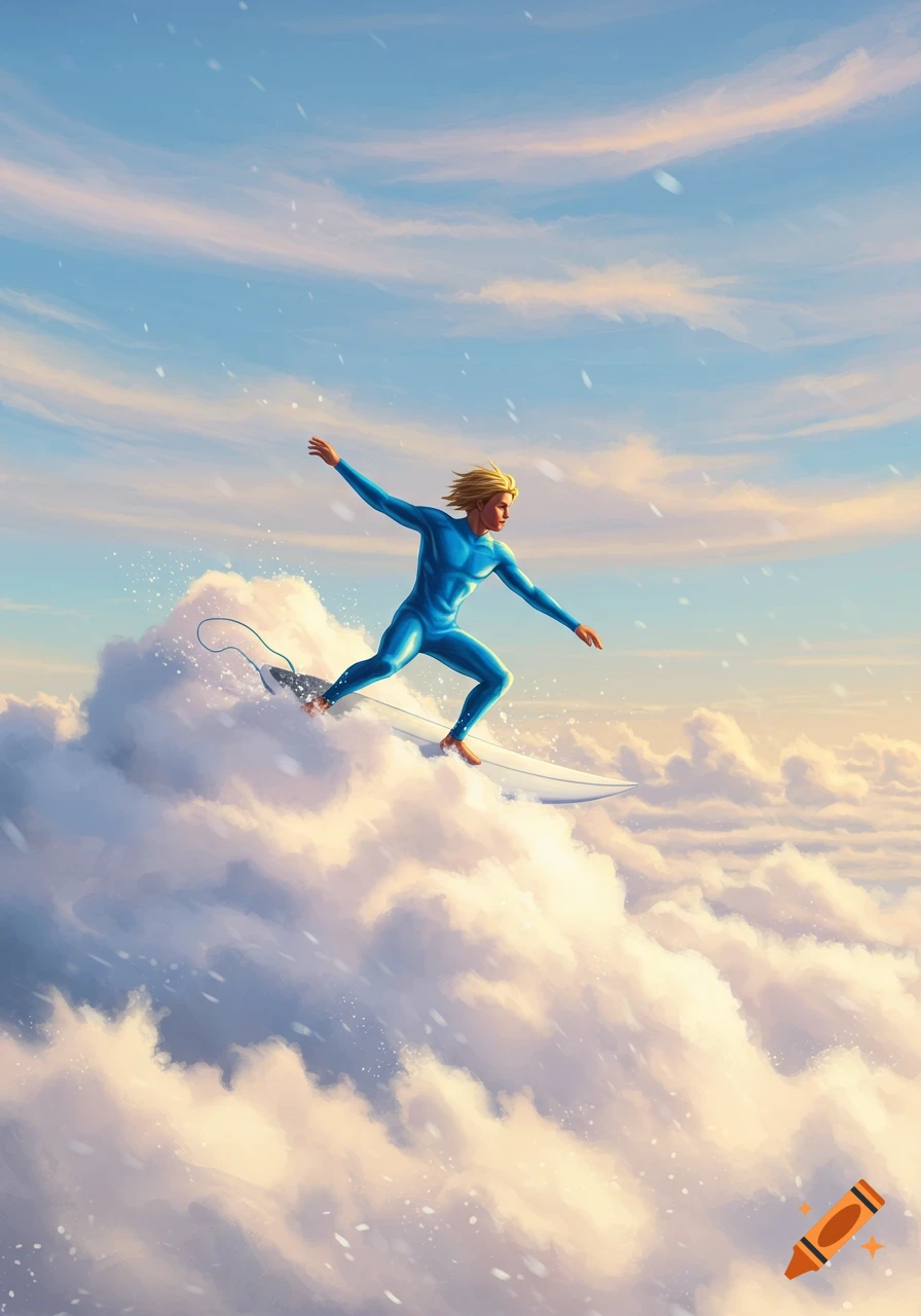 An illustration of a male surfer in a blue wetsuit riding a fluffy white cloud wave in a vibrant sunset sky.