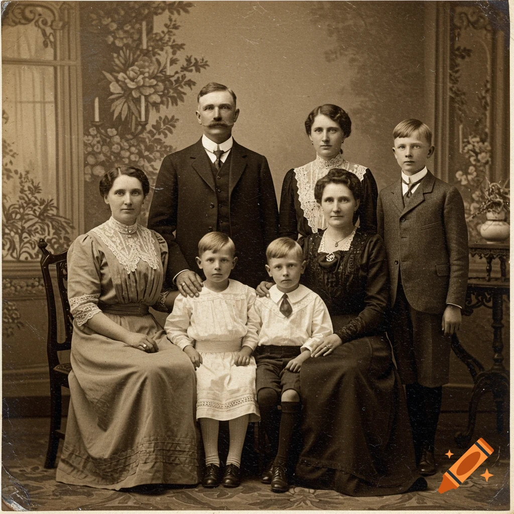 A sepia-toned vintage photograph shows a family of six, including a man, two women, and three boys, formally posed in a studio.