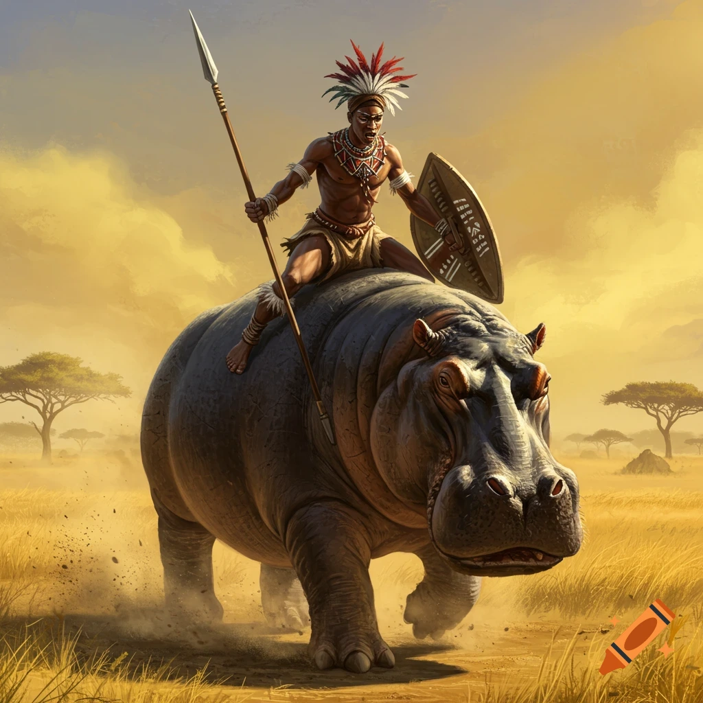 A Zulu warrior with a feathered headdress, holding a spear and shield, rides a large hippo across a dusty African savanna.
