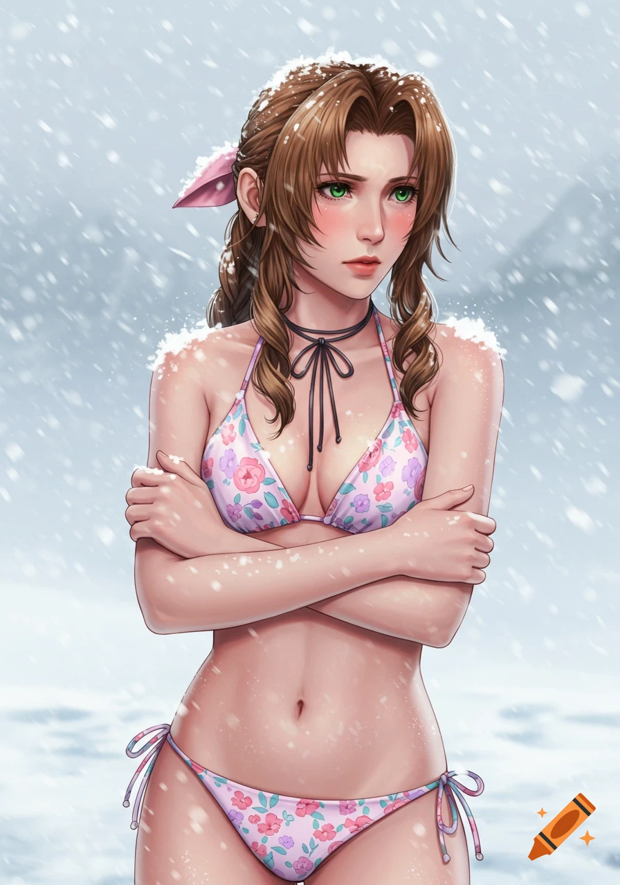 Anime style Aerith Gainsborough in a floral bikini shivering in a snowy landscape.