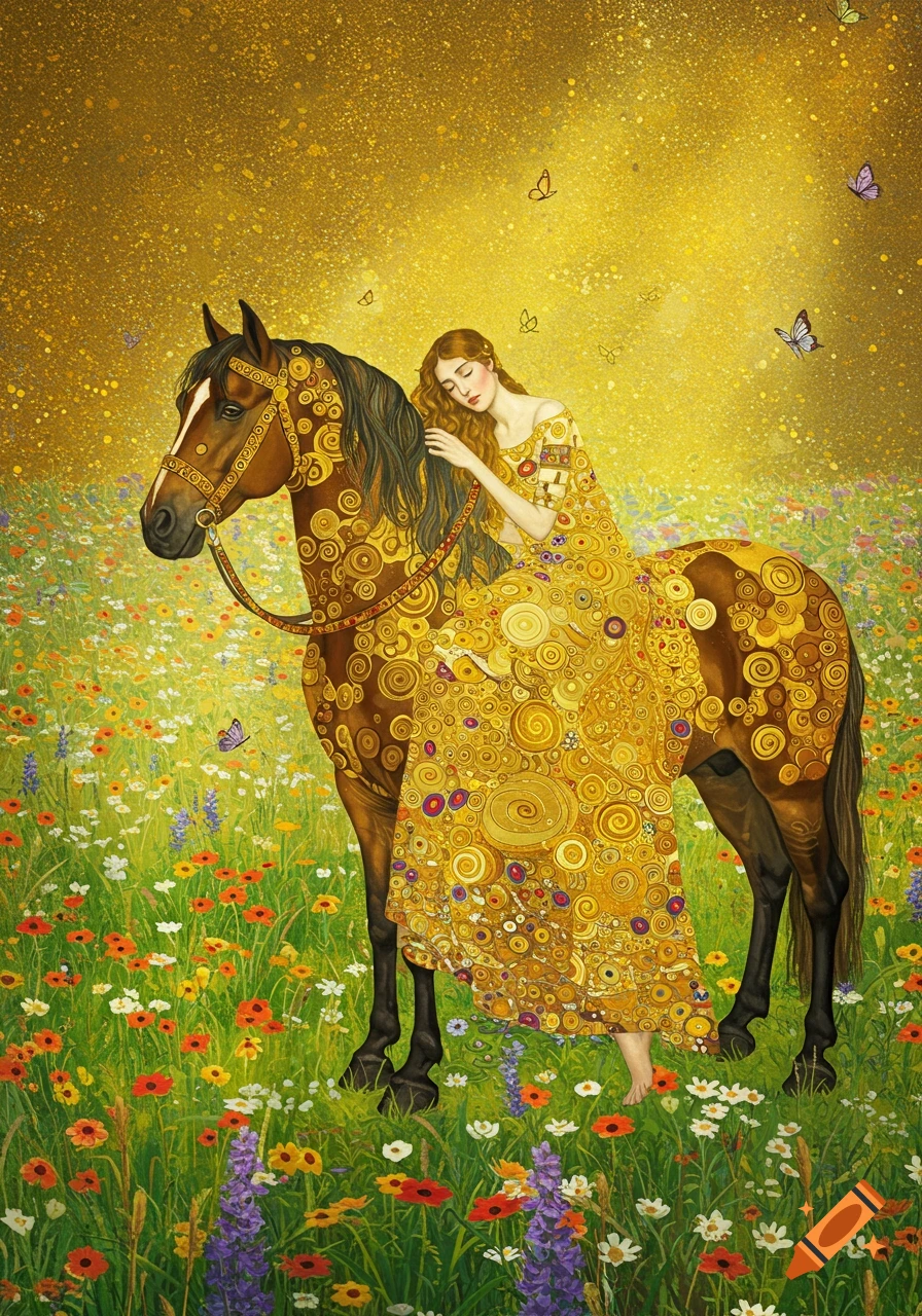 A woman in a gold patterned dress leans on a horse in a colorful meadow under a golden sky, in Klimt's art style.