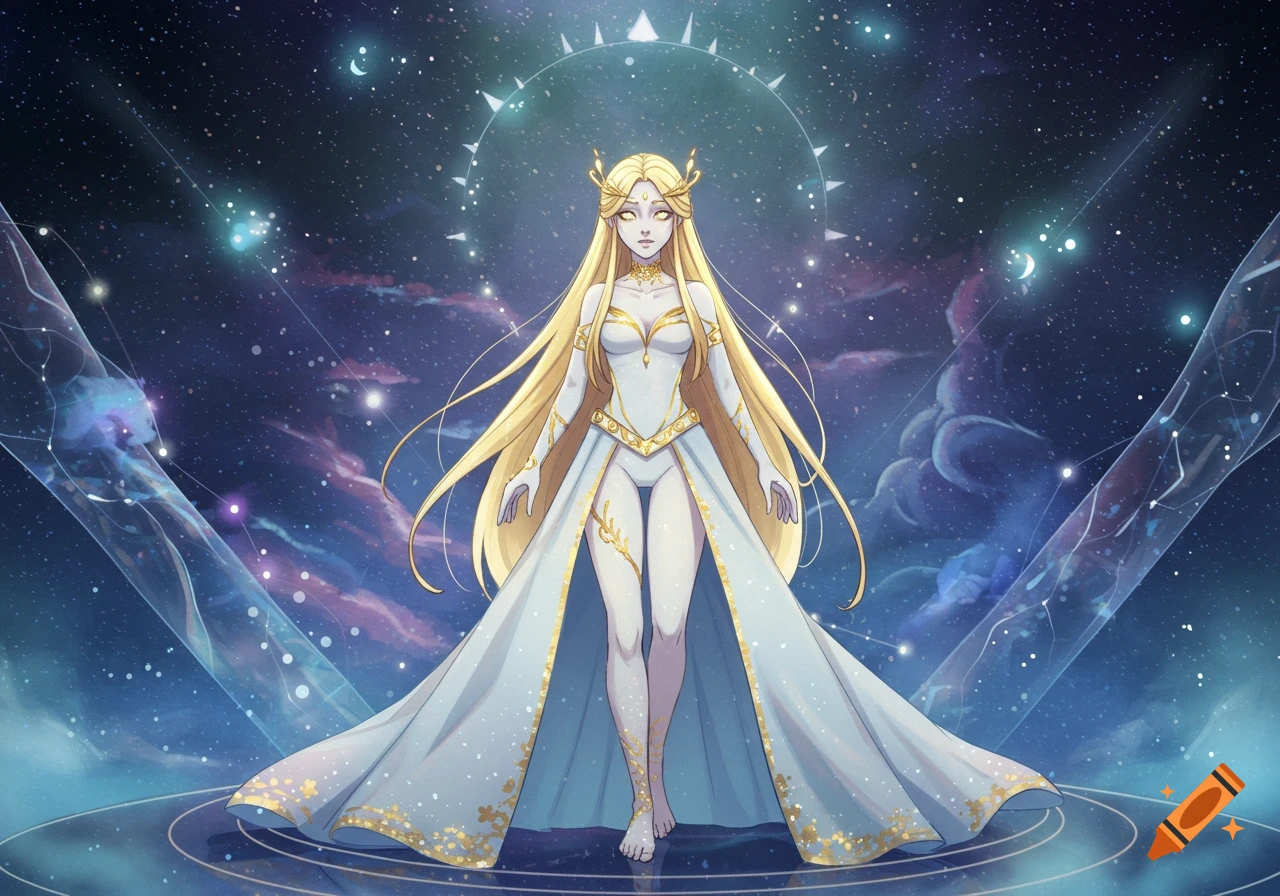 An anime woman with long blonde hair and a white and gold dress stands in a cosmic, starry background, with constellations around her.