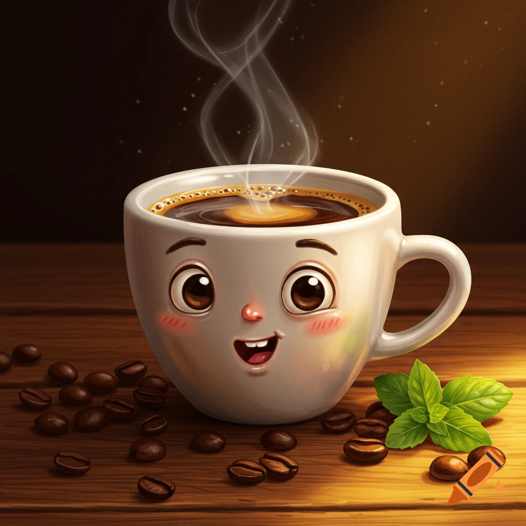 A cute, anthropomorphic coffee cup with a happy face, steaming hot, surrounded by coffee beans and mint leaves on a wooden surface.