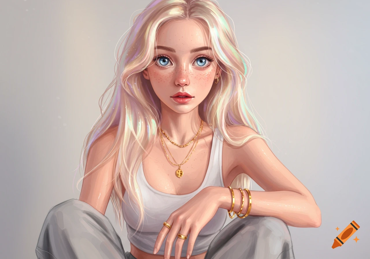 Stylized portrait of a blonde girl with blue eyes and freckles, wearing a white tank top and gold jewelry.