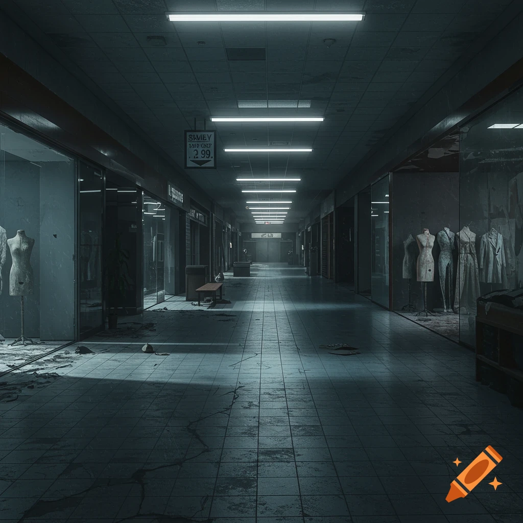 Dark, abandoned mall corridor with fluorescent lights, cracked floor, and dilapidated storefronts displaying dusty mannequins.