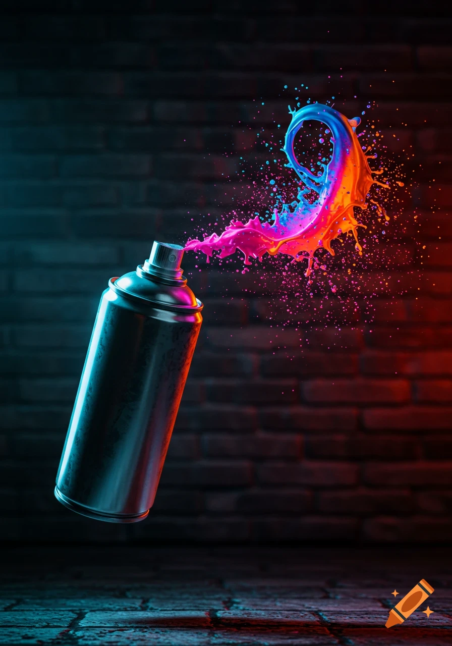 A black spray paint can emits a vibrant, swirling stream of pink, blue, and orange paint against a dark brick wall.