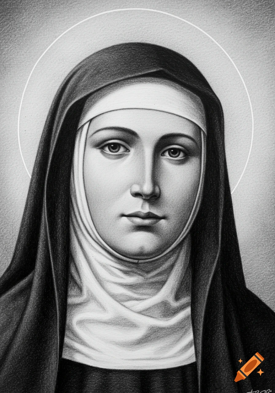 Black and white pencil drawing of a serene woman, likely Saint Catherine of Siena, wearing a wimple and veil, with a subtle halo.