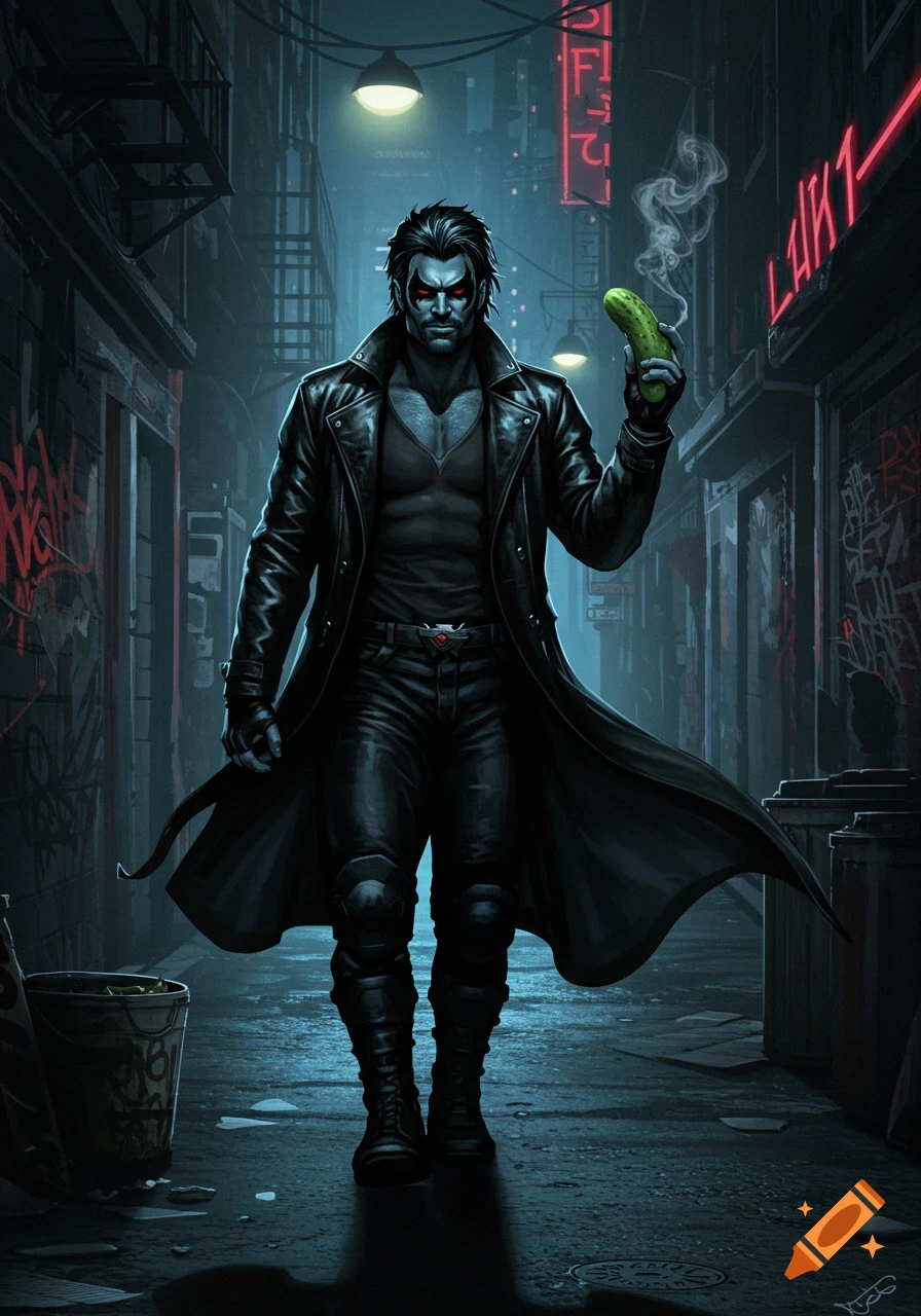 A muscular, dark-skinned male character with red eyes and black hair, wearing a long black leather coat, walks down a dark alley, holding a smoking pickle. Comic art style.