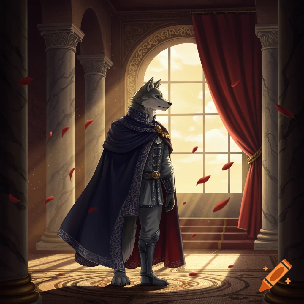 An anthropomorphic gray wolf in regal blue and gold attire stands in a grand, sunlit hall with red rose petals falling.