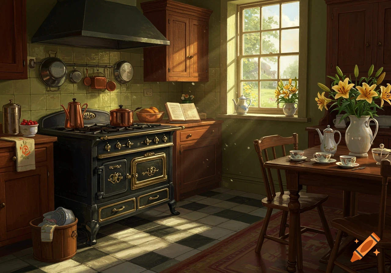 A sunlit, vintage 1920s kitchen with a cast iron stove, wooden cabinets, and a table set for tea.
